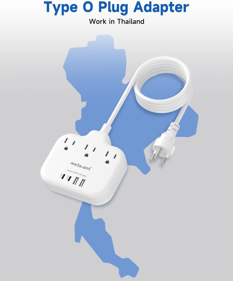 meta-ant Thailand Power Adapter with 4FT Extension Cord, Thailand Plug Adapter with 3 American Outlets 4 USB Ports(2 USB-C), Type O Adapter for US to Thailand - Image 2